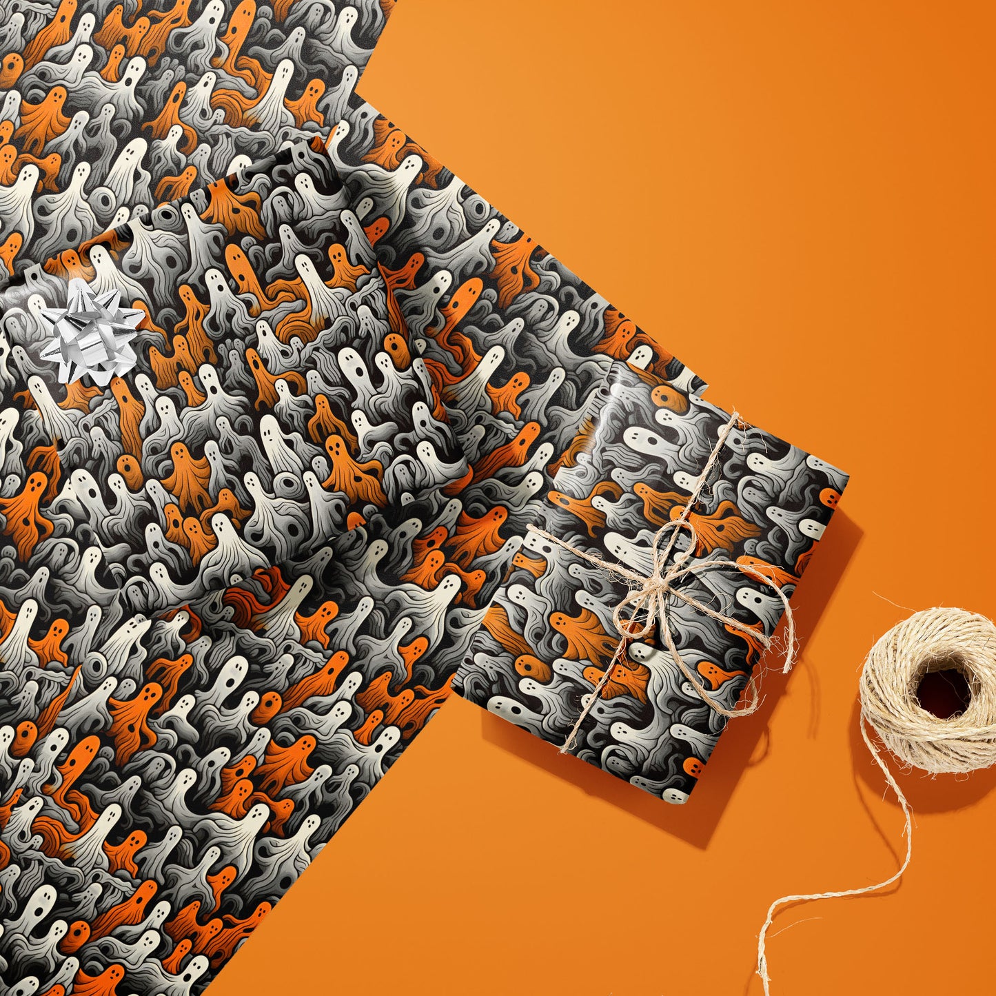 Two gifts in Cute Ghosts paper—one with a silver bow and one tied with twine—sit on unused sheets of the wavy ghost pattern beside a twine spool on an orange background.