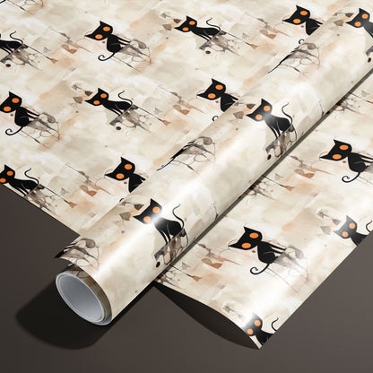 A roll of Contemporary Black Cats paper on a matching unrolled sheet shows sleek black cats with bright orange eyes over a neutral watercolor collage, photographed on a deep espresso background.