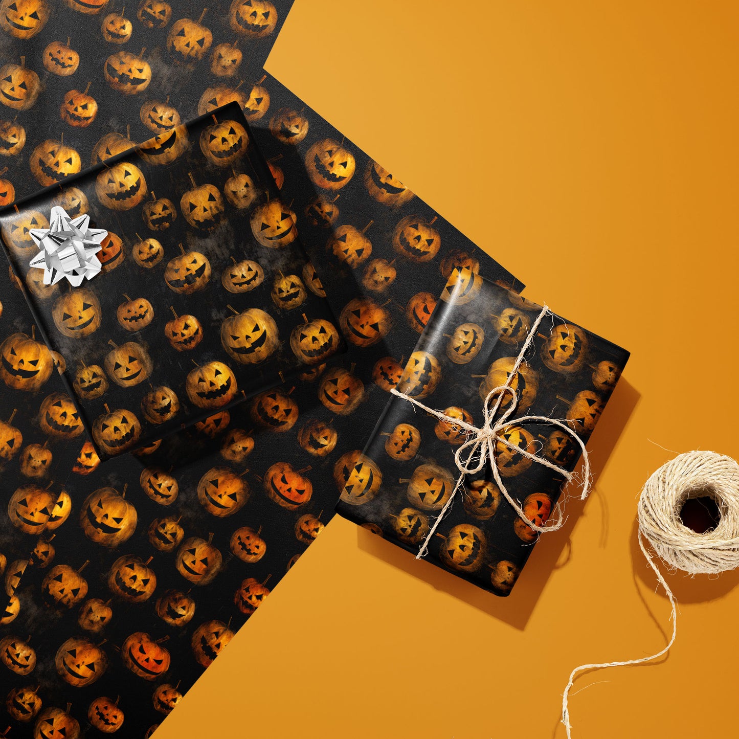 Two gifts wrapped in Jack-o-Lanterns paper—one with a silver bow and one tied with twine—rest on unused sheets showing glowing pumpkins on smoky black, with a twine spool on an orange background.
