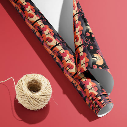 A partially unfurled roll of Halloween Landscape paper, moons and forest silhouettes visible, with the white underside next to a spool of natural twine on a coral-red background.