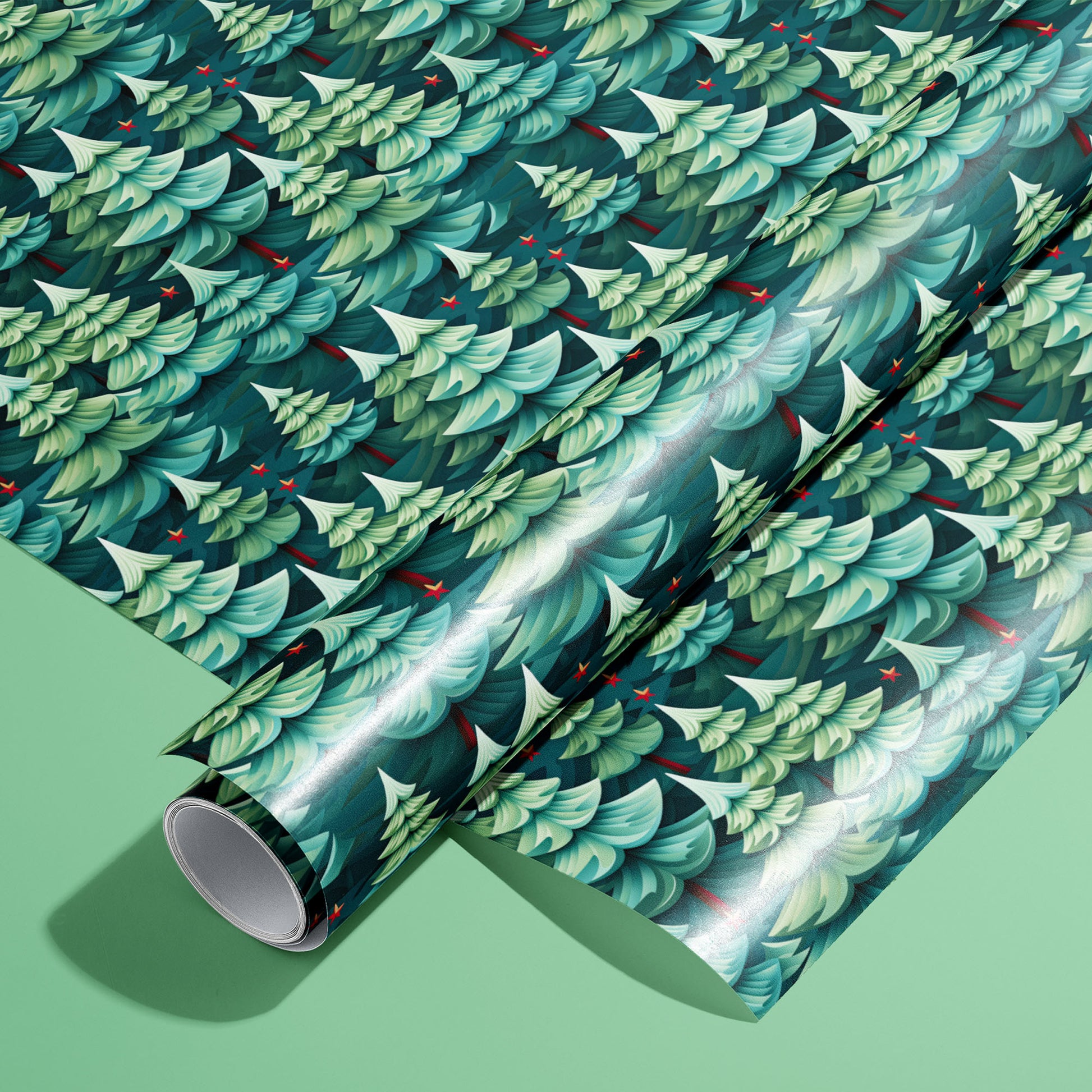 A full roll on an unrolled sheet of Modern Trees wrapping paper with stylized evergreen motifs, tiny red accents, and layered teal foliage on a mint green background.