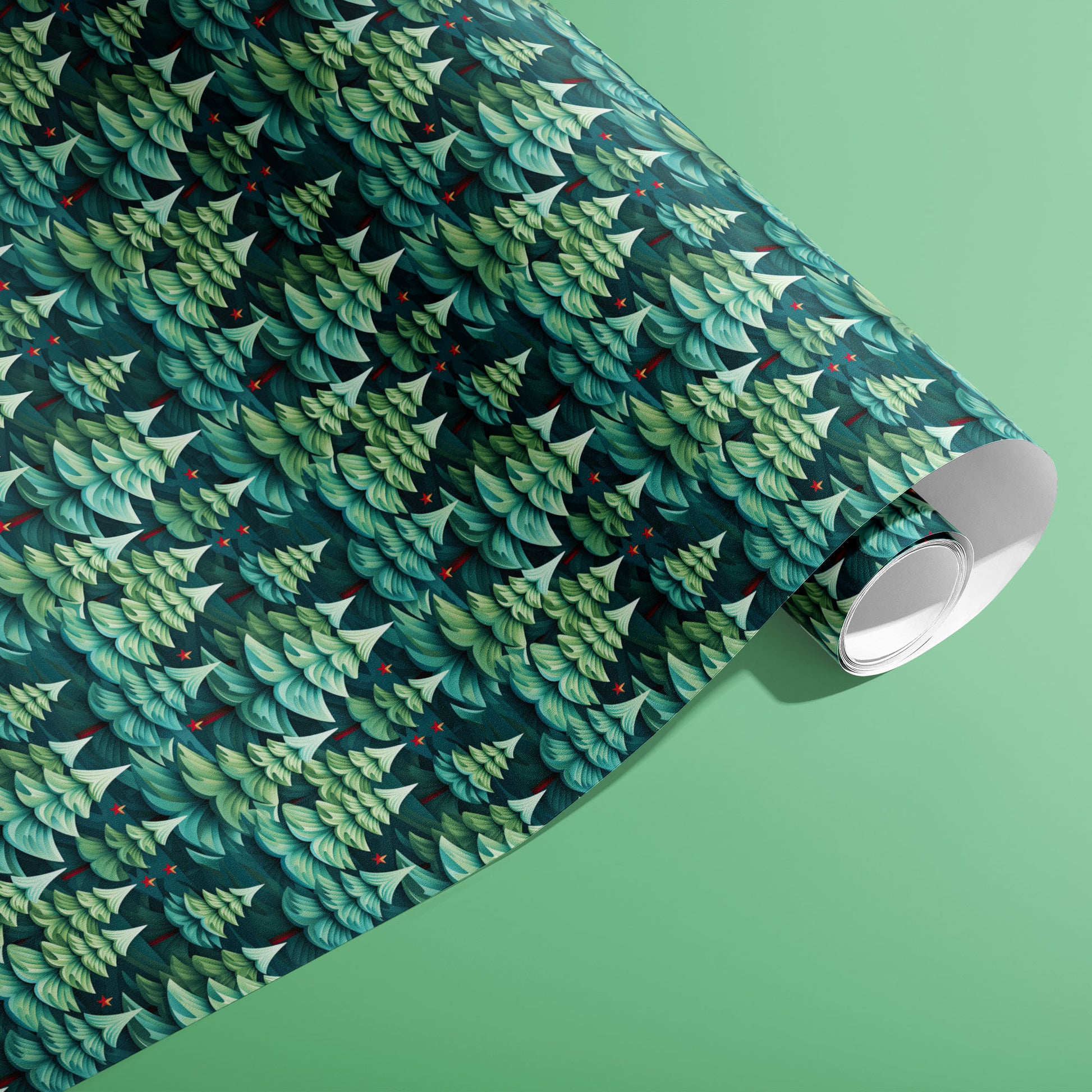 A partially unfurled roll of Modern Trees wrapping paper showing modern, layered fir trees with subtle red stars and birds on a mint green background.