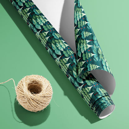 A partially unfurled Modern Trees roll with the white underside visible beside a spool of natural twine, featuring stylized teal firs with red accents on a mint green background.