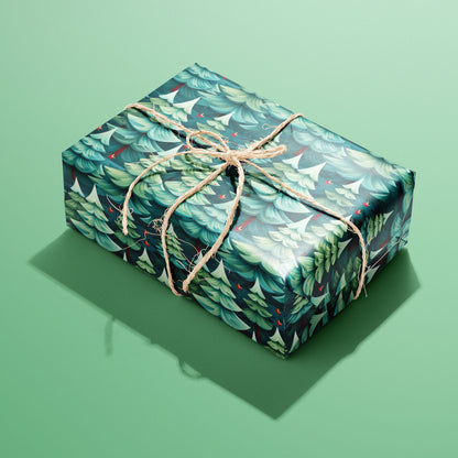 A single rectangular gift wrapped in Modern Trees paper, its layered fir motifs and red accents tied with natural twine on a mint green background.