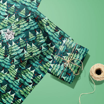 Two gifts in Modern Trees wrap—one with a silver bow, one tied with twine—rest on two unused sheets beside a spool of twine on a mint green background.