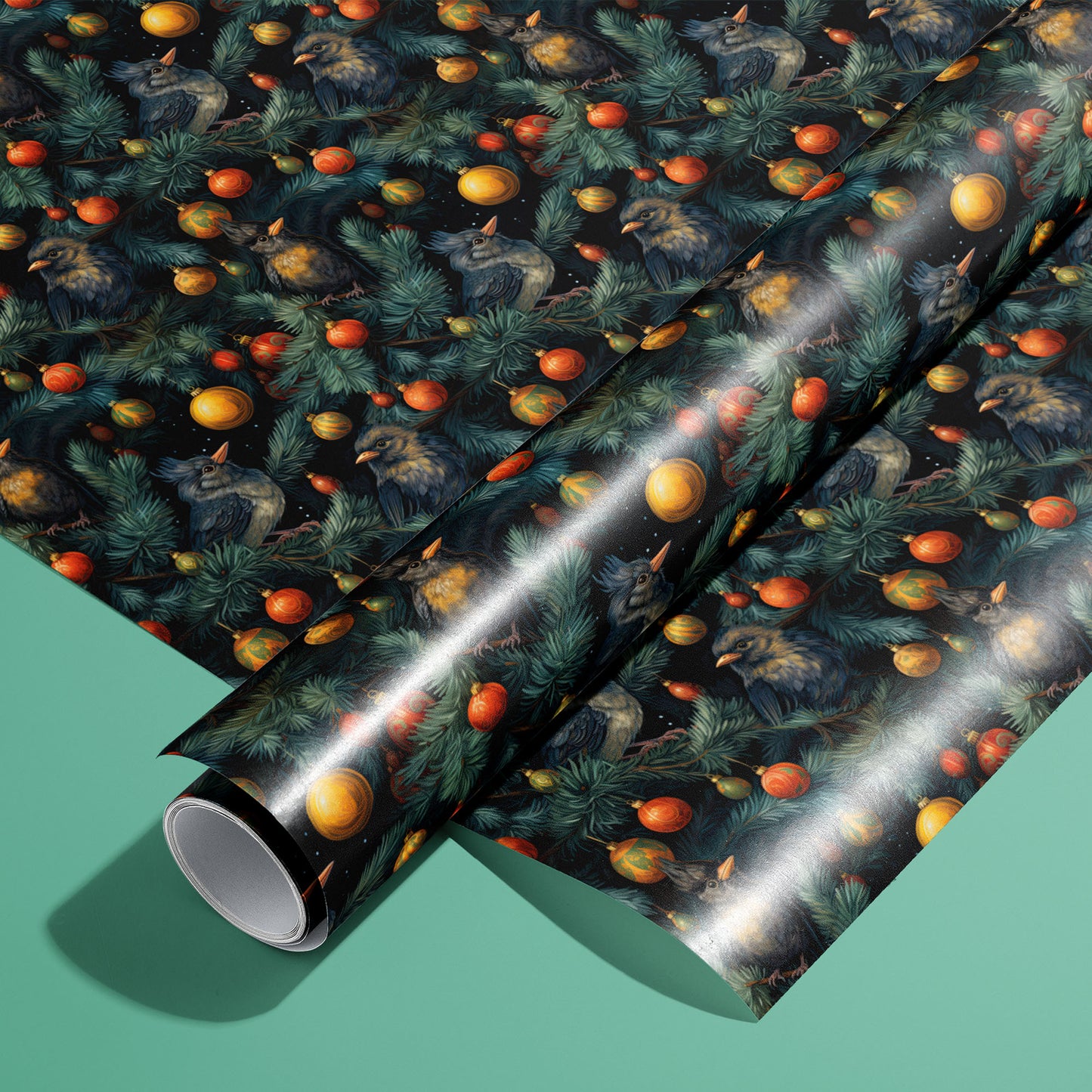 A roll of Birds in Boughs wrapping paper rests on an unrolled sheet, showing birds among evergreen boughs and red-gold ornaments on a dark field, set on a pale teal background.