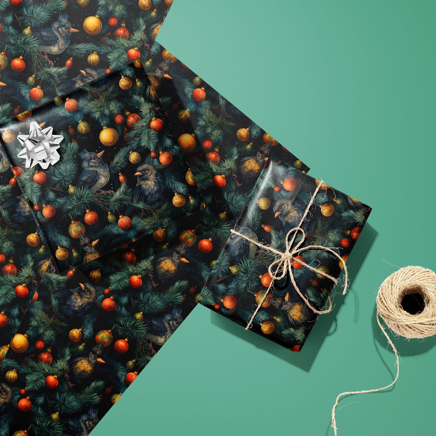 Two gifts in Birds in Boughs—one with a silver bow, one tied with twine—rest on two unused sheets beside a twine spool on a pale teal surface, showing birds in pine boughs with red-gold baubles.