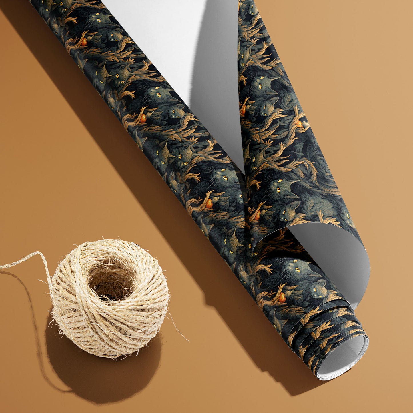 A partially unfurled roll of Midnight Prowlers wrapping paper with the white underside visible beside a spool of natural twine on a caramel-brown background.