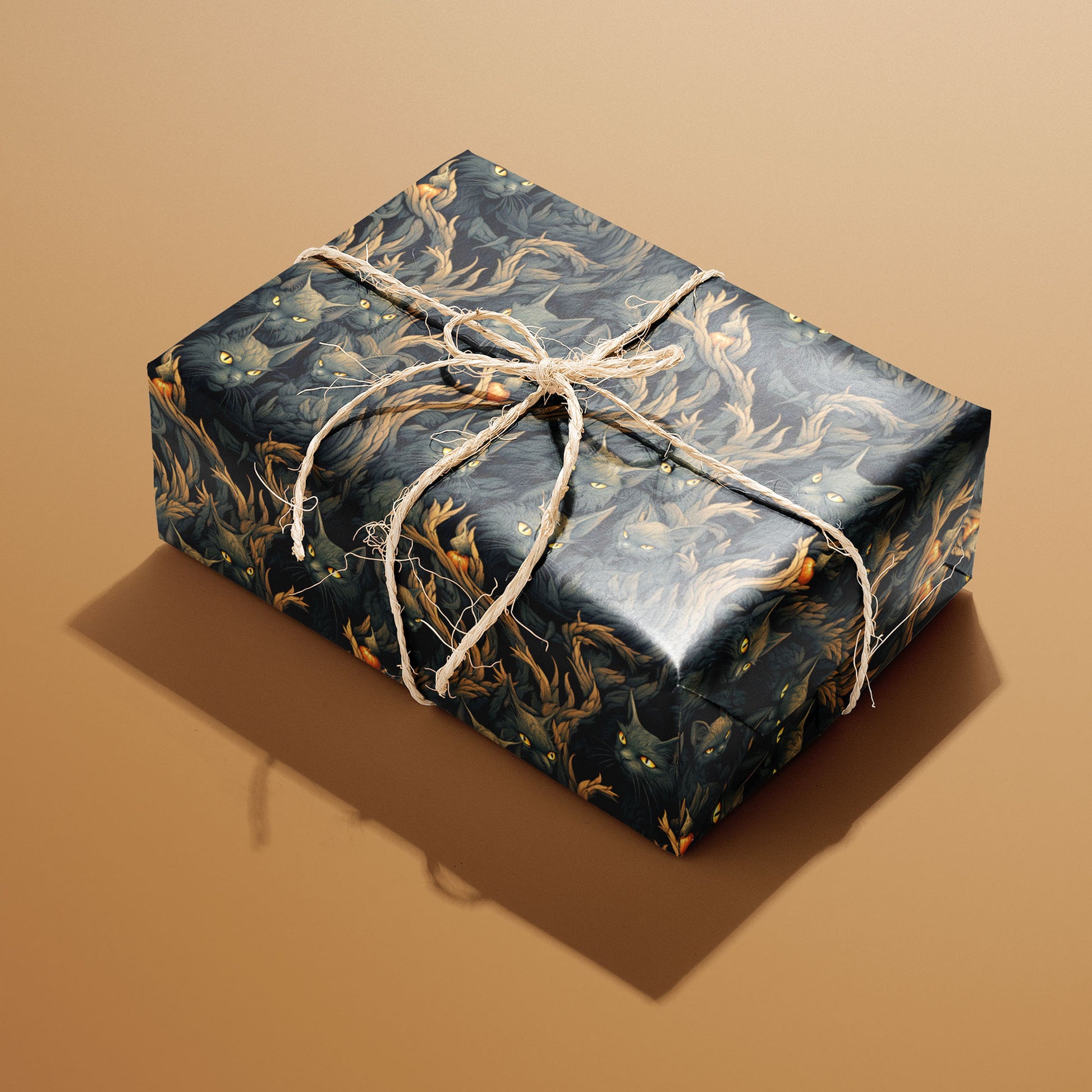 A single rectangular gift wrapped in Midnight Prowlers paper, the black-cat and branch motif tied with natural twine, set on a caramel-brown background.