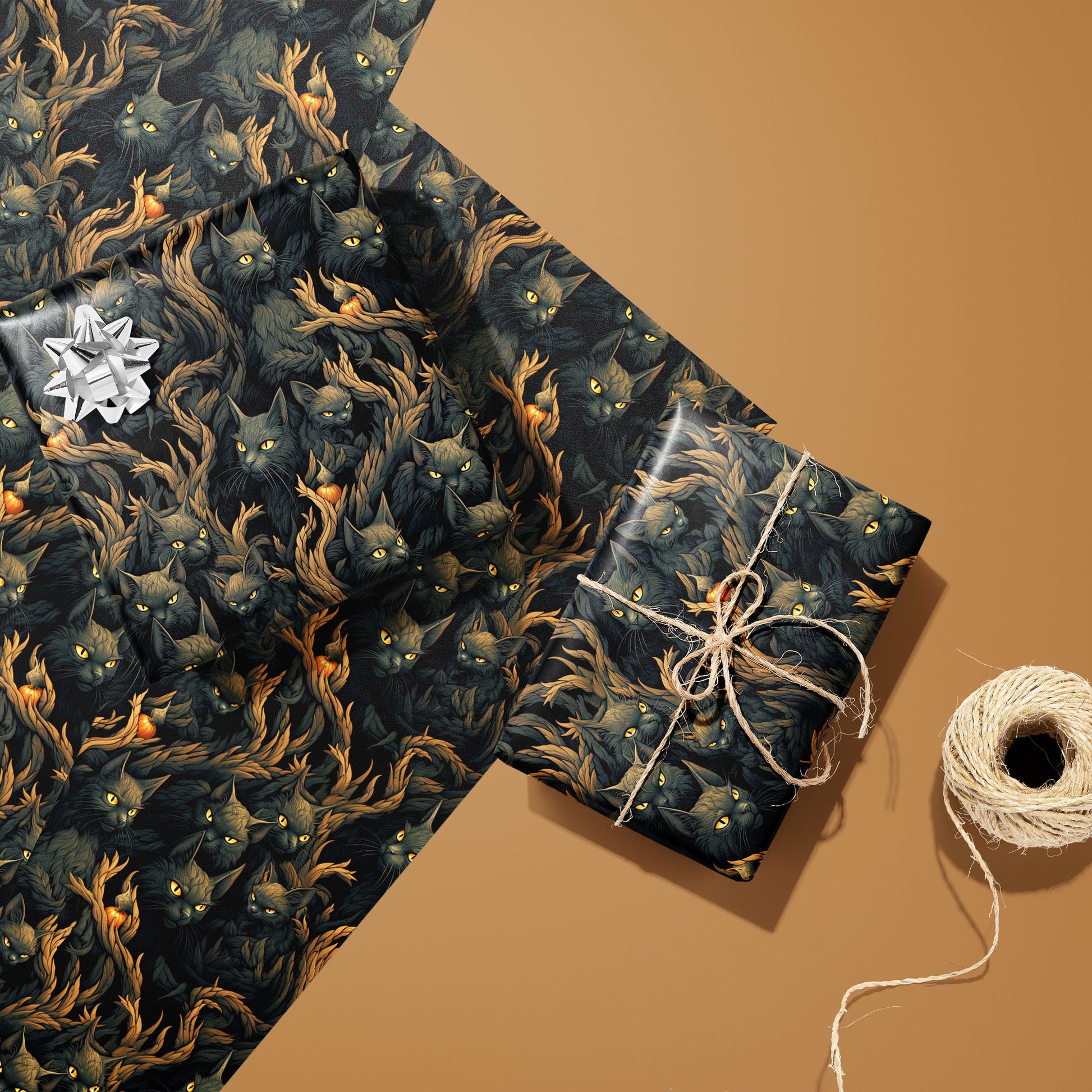 Two gifts wrapped in Midnight Prowlers paper—one with a silver bow and one tied with natural twine—rest on two matching sheets beside a twine spool on a caramel-brown surface.