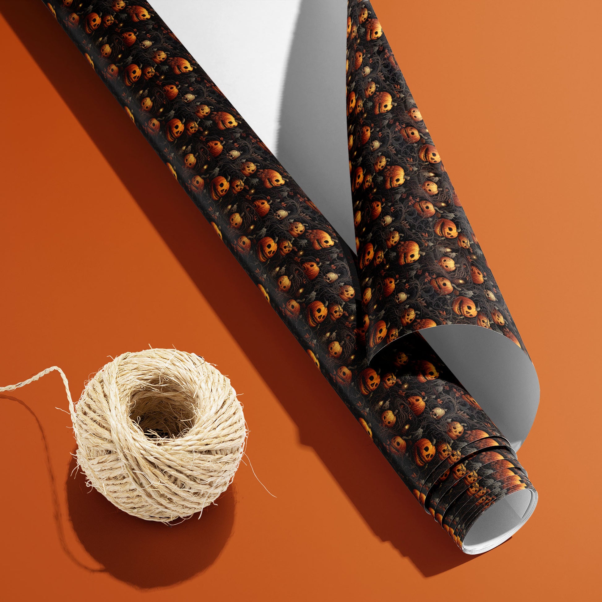 A partially unfurled roll of Sinister Grins with the white underside visible sits beside natural twine on burnt orange, revealing pumpkins, skulls, and vines on black.