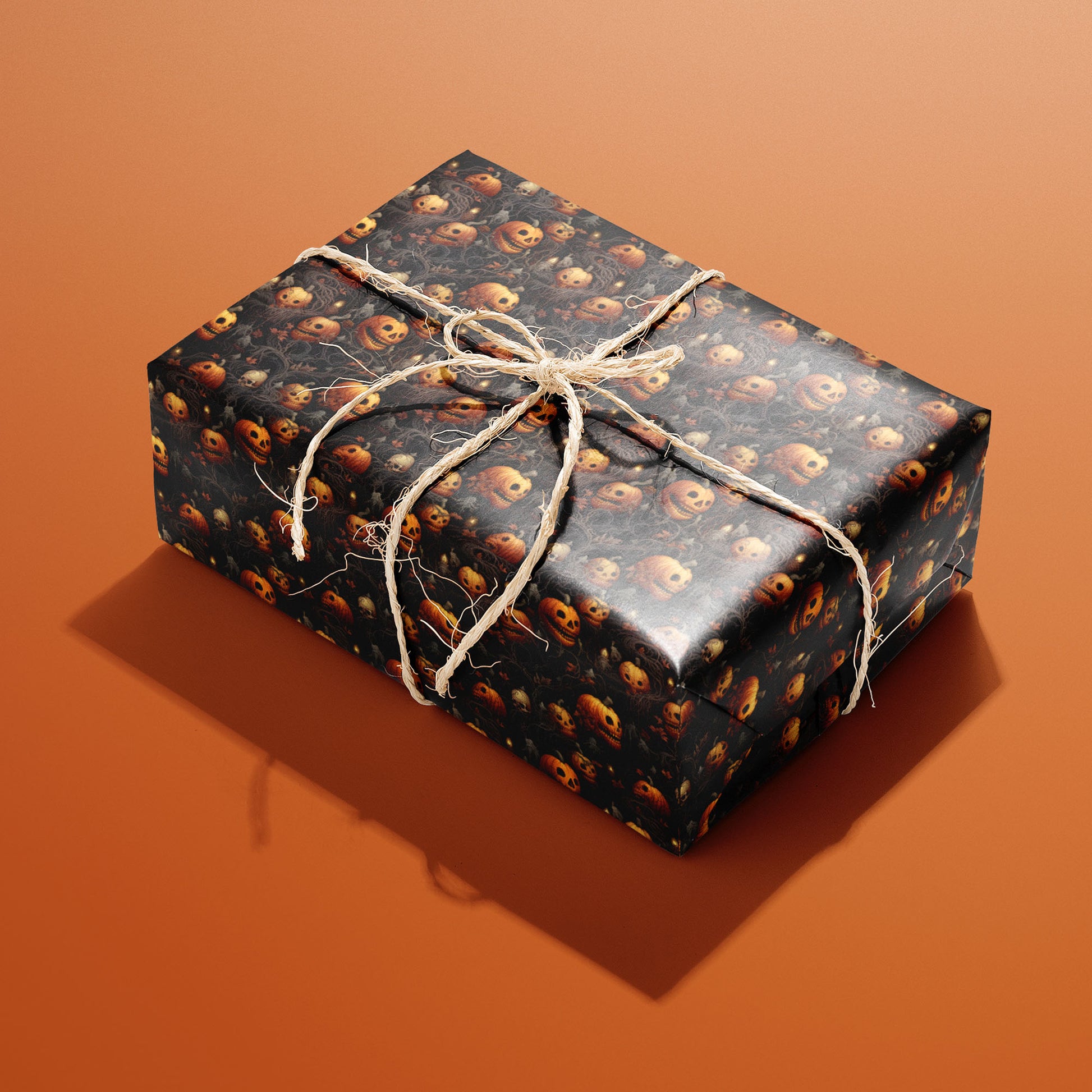 A single gift wrapped in Sinister Grins and tied with natural twine displays jack-o’-lanterns, skulls, and brambly vines on a black ground against a burnt-orange background.