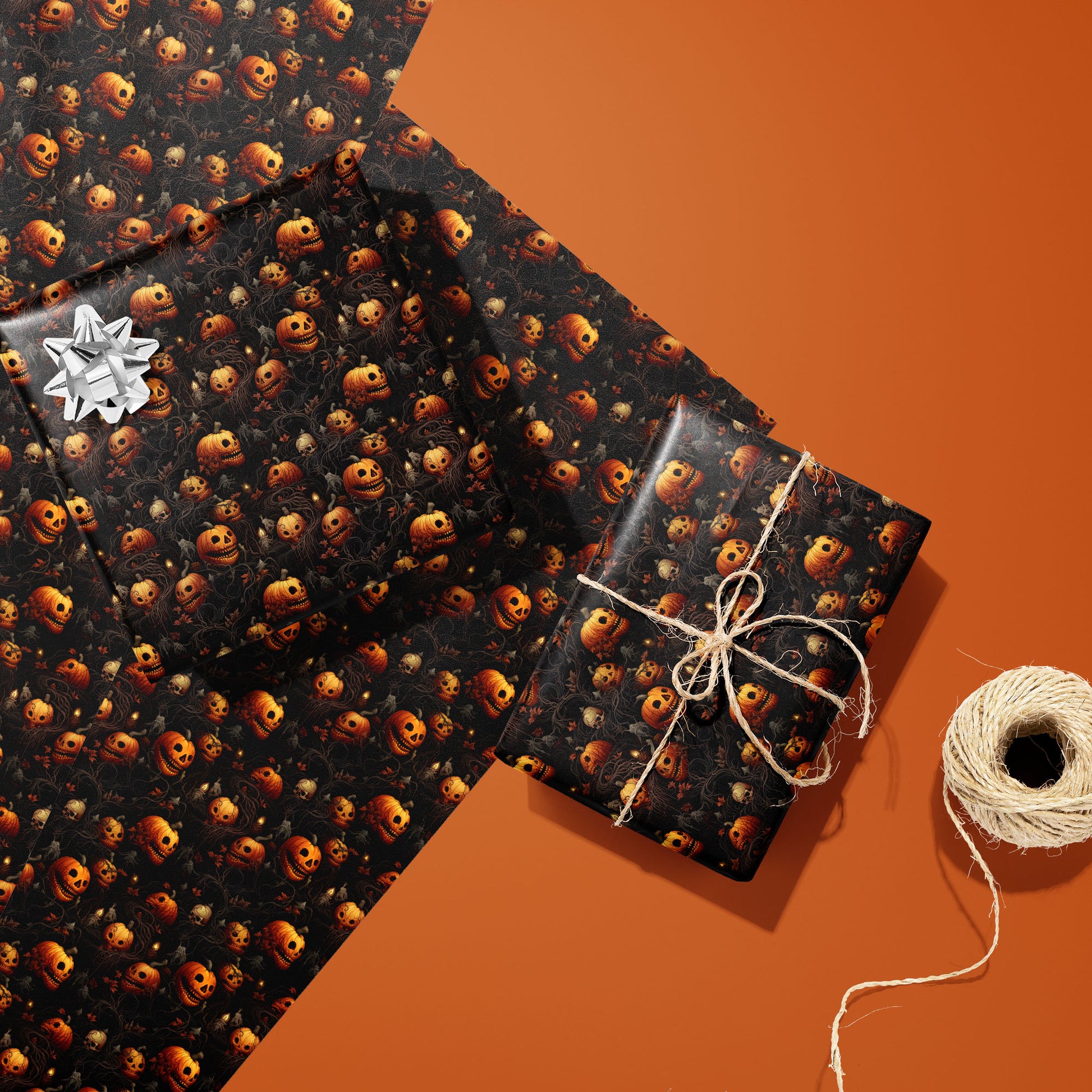 Two gifts in Sinister Grins—one with a silver bow and one tied with twine—rest on two unused sheets with pumpkins and skulls on black beside a twine spool on burnt orange.