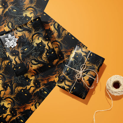 Two gifts in Feline Flames—one silver-bowed and one tied with twine—rest on two unused sheets with blazing cat motifs on a dark ground beside a twine spool on pumpkin orange.