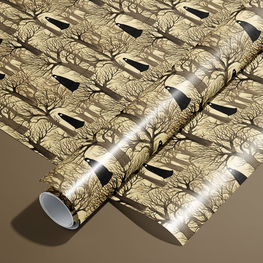 A roll of Silent Forest wrapping paper rests on an unrolled sheet, featuring leafless trees and cloaked figures on a parchment-tan ground, styled on a warm brown surface.