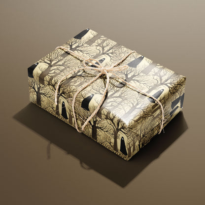 A single rectangular gift wrapped in Silent Forest and tied with natural twine highlights cloaked figures and winter trees on a parchment-tan ground against a warm brown backdrop.