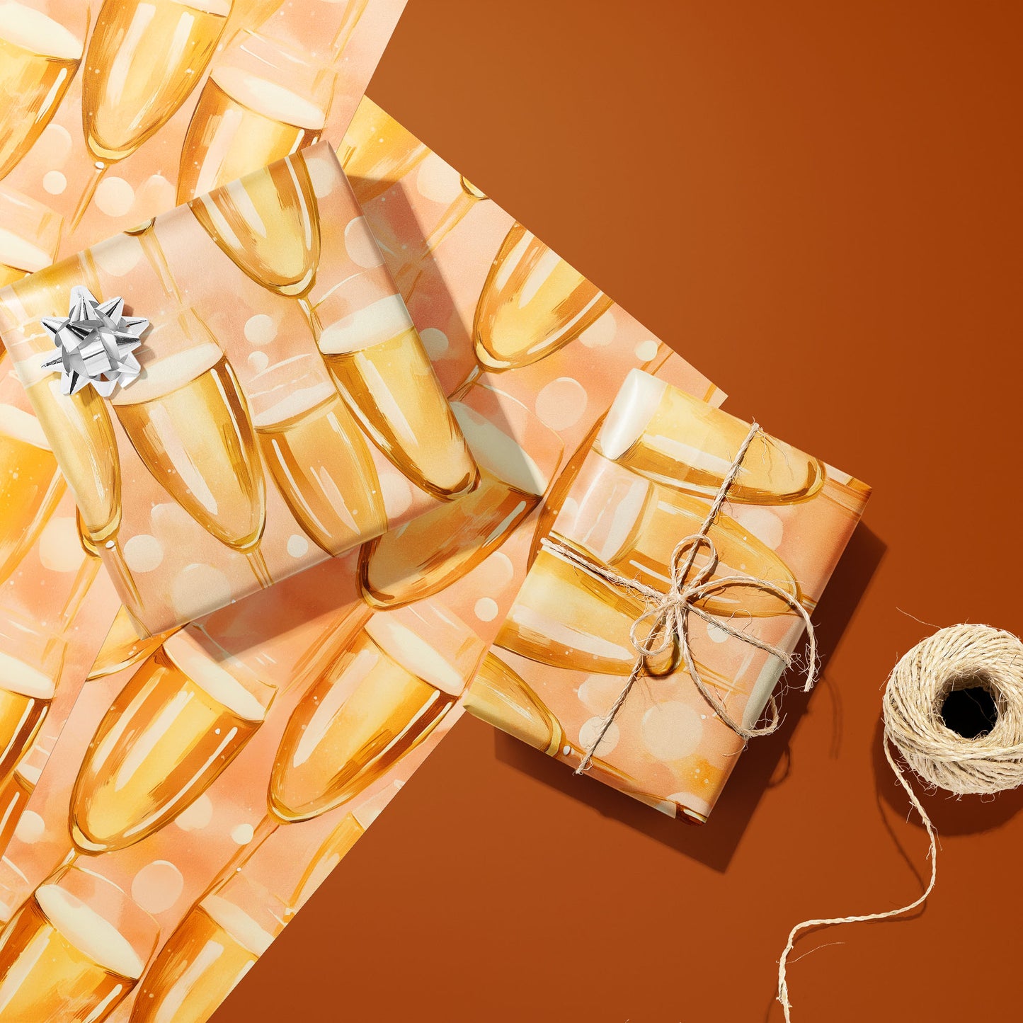 Two gifts in Shimmering Sips—one with a silver bow and one tied with twine—rest on two unused sheets beside a spool of twine on a copper-orange background.
