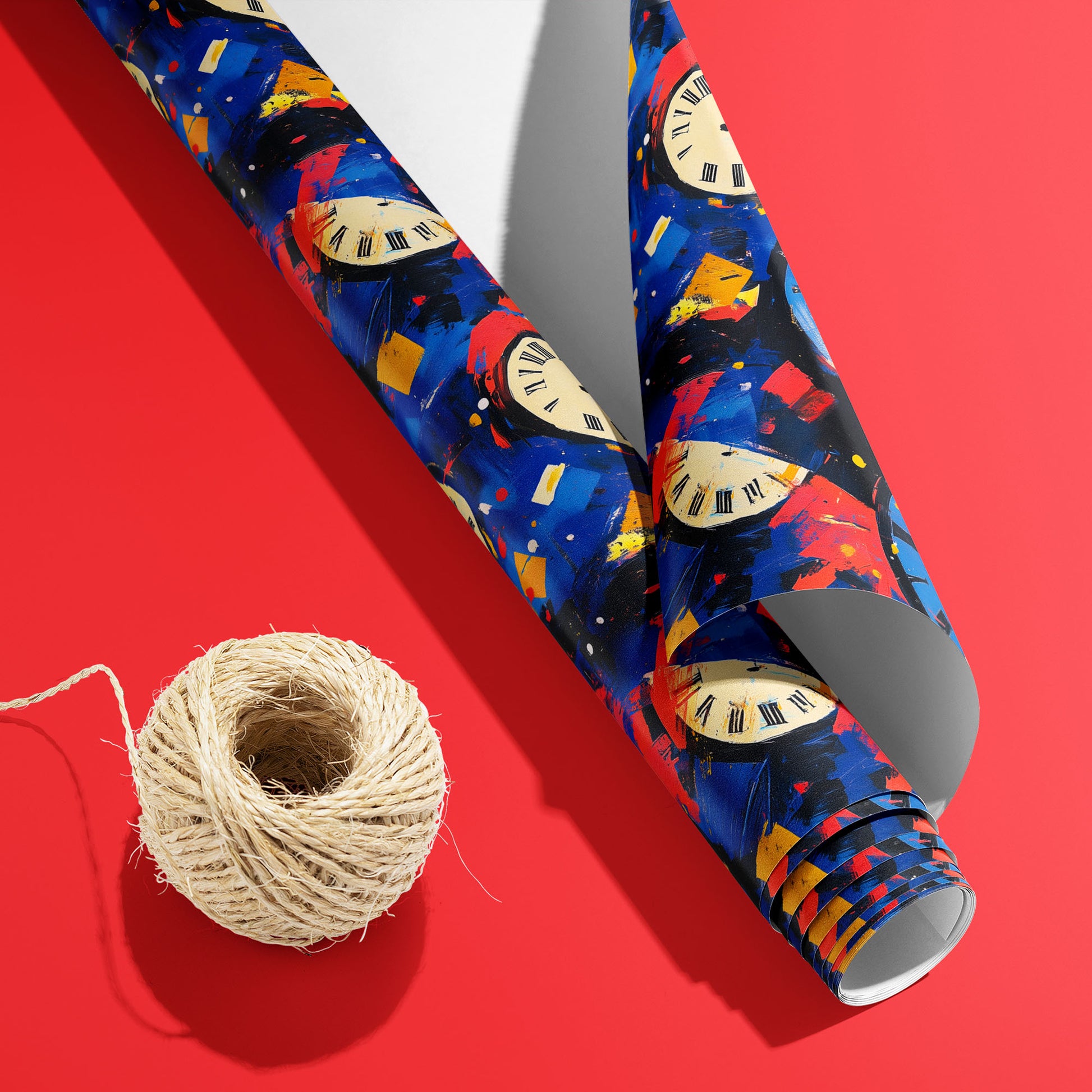 A partially unfurled roll of Timeless Celebration with the white underside visible sits beside natural twine on red, revealing vintage clock faces and confetti strokes on a dark ground.