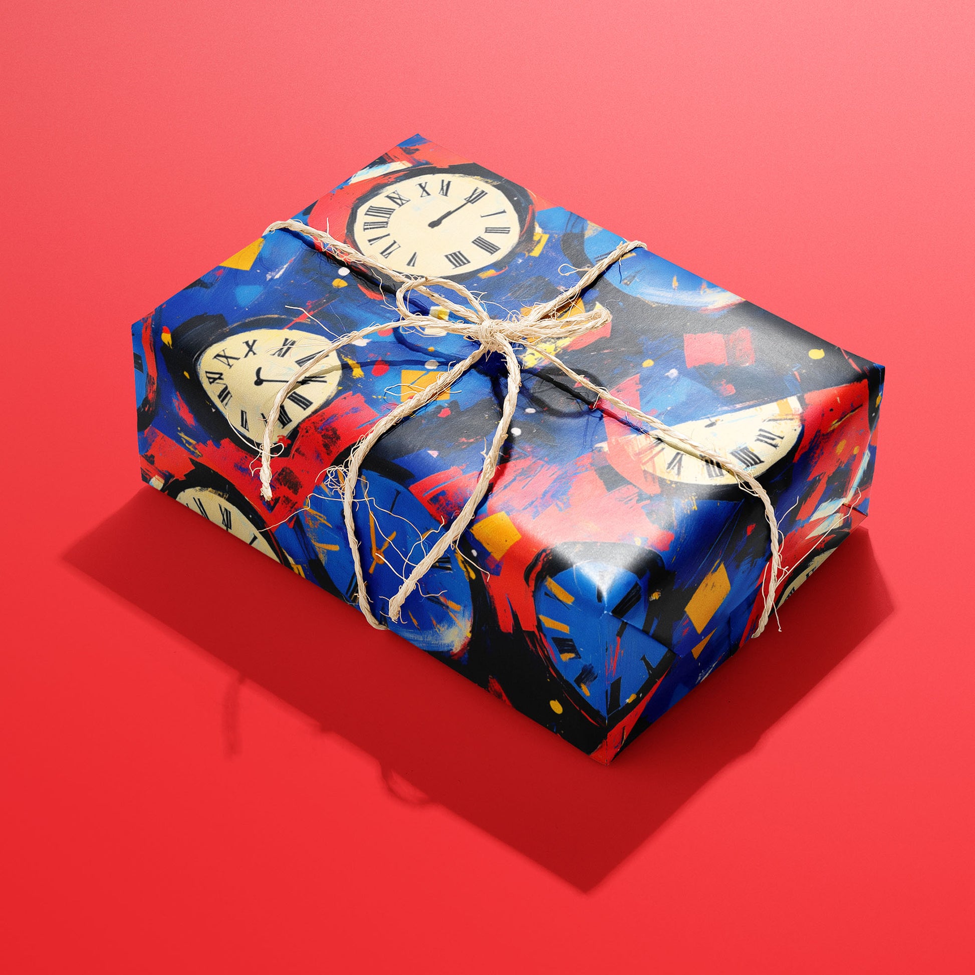 A single gift wrapped in Timeless Celebration and tied with natural twine displays ivory and blue clock faces with festive confetti brushstrokes against a bright red background.