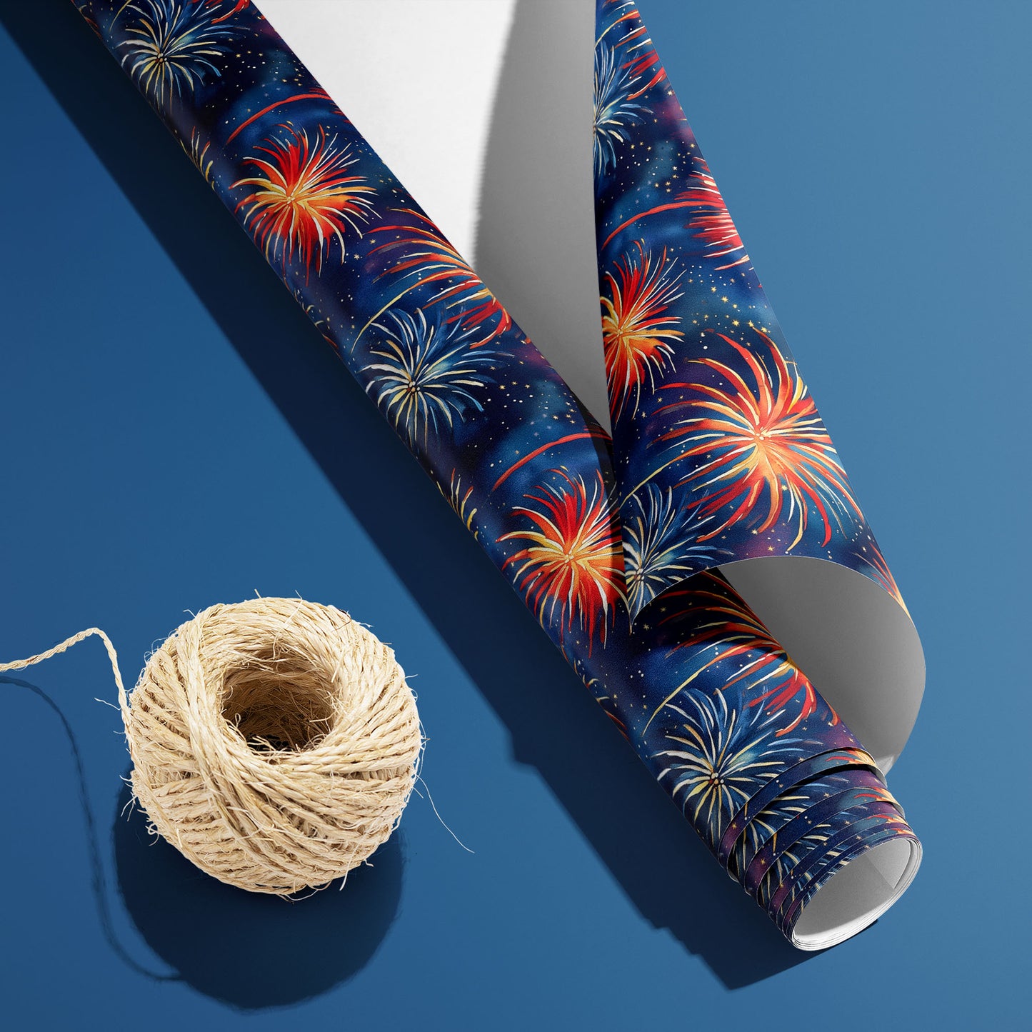A partially unfurled roll of Blooming Sky with the white underside visible beside a spool of natural twine, featuring vibrant fireworks on a midnight navy print over a steel-blue surface.