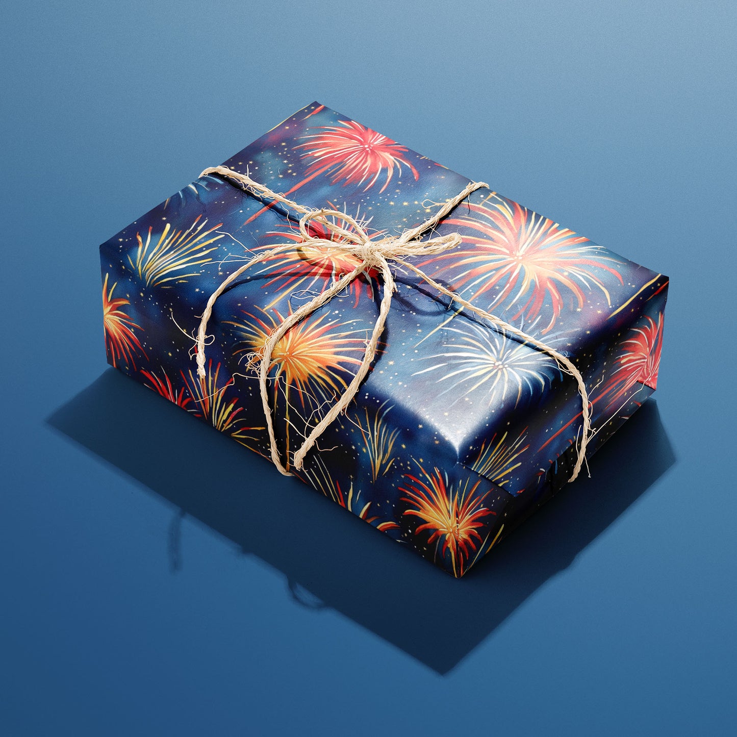 A single rectangular gift wrapped in Blooming Sky and tied with natural twine, its painterly fireworks glowing against a midnight navy print on a steel-blue background.