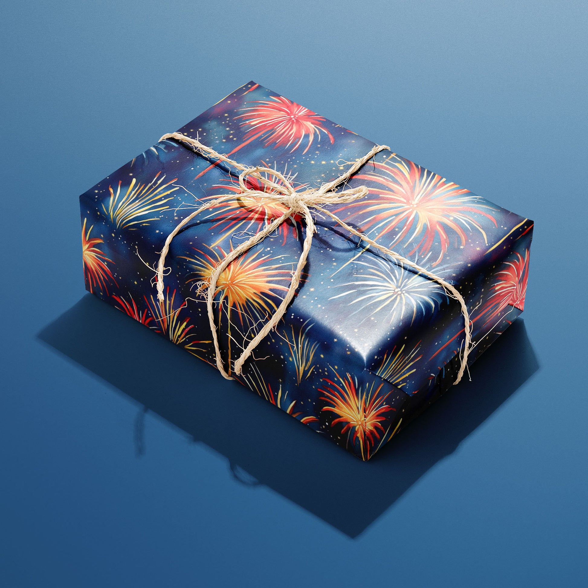 A single rectangular gift wrapped in Blooming Sky and tied with natural twine, its painterly fireworks glowing against a midnight navy print on a steel-blue background.