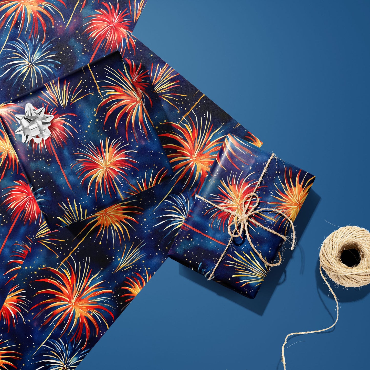 Two gifts in Blooming Sky—one with a silver bow, one tied with twine—rest on two matching sheets next to a spool of twine, with radiant fireworks on a midnight navy print over steel blue.