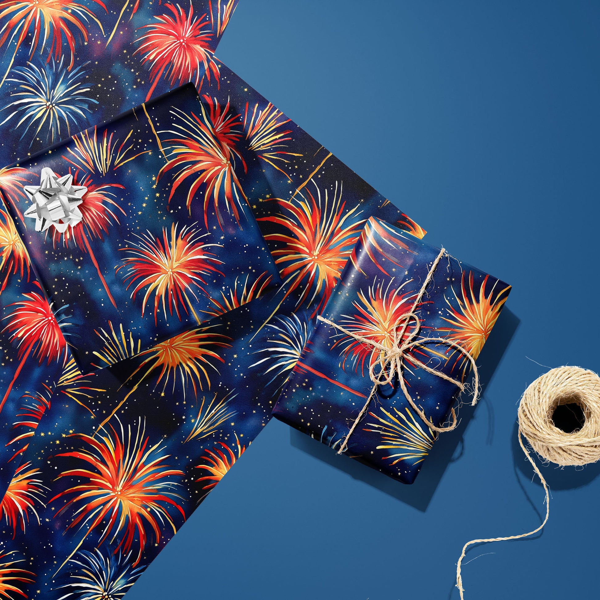 Two gifts in Blooming Sky—one with a silver bow, one tied with twine—rest on two matching sheets next to a spool of twine, with radiant fireworks on a midnight navy print over steel blue.