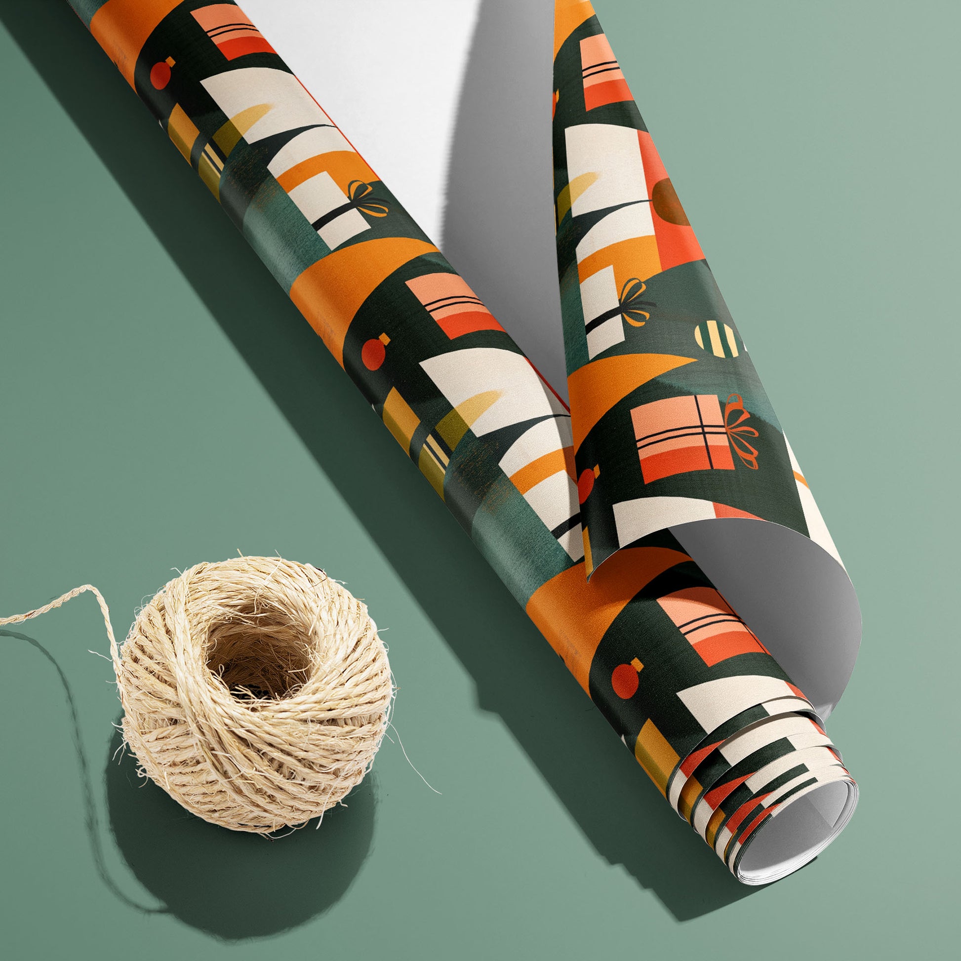 A partially unfurled roll of Geometric Forest with the white underside visible beside a spool of natural twine, showing geometric trees and gifts on a dark print over sage green.