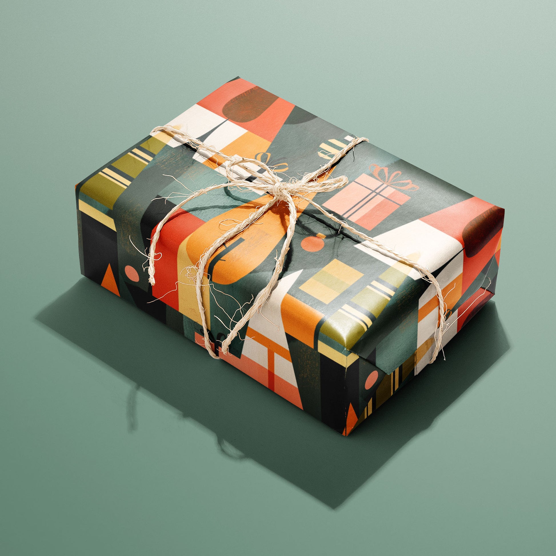 A single rectangular gift wrapped in Geometric Forest and tied with natural twine, its geometric trees and presents in warm oranges and greens popping on a dark print over sage green.
