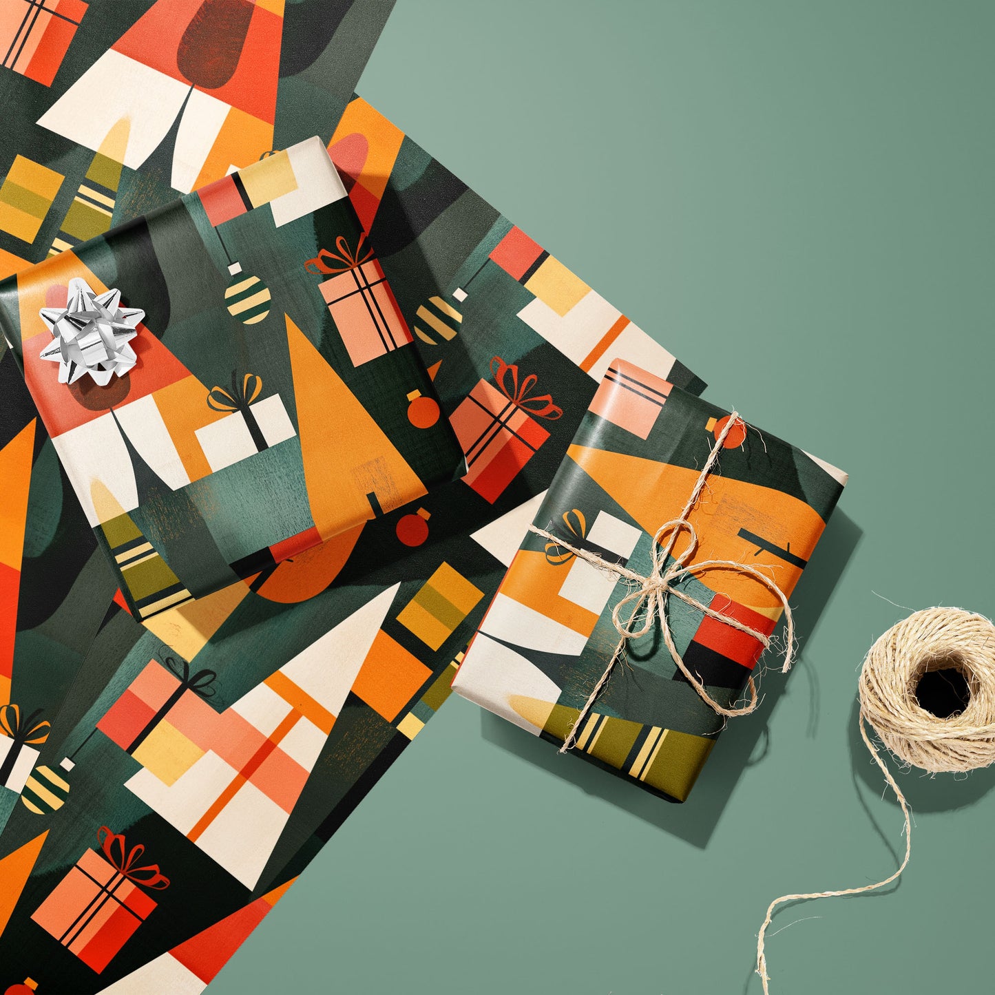 Two gifts in Geometric Forest—one with a silver bow, one tied with twine—sit on two matching sheets beside a twine spool, showing geometric trees and gifts on dark over sage green.