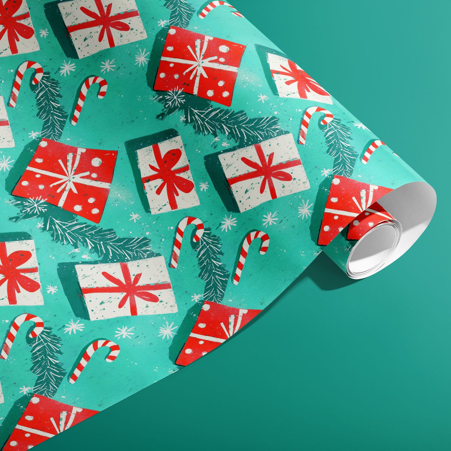 A partially unfurled roll of Peppermint Pop shows candy canes, gift boxes, and pine branches scattered across a bright teal-green field.