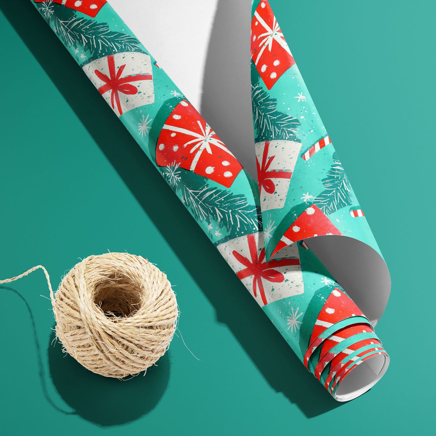 A partially unfurled roll of Peppermint Pop with the white underside visible sits beside natural twine on a teal-green surface, revealing candy canes, gifts, and snowflakes.
