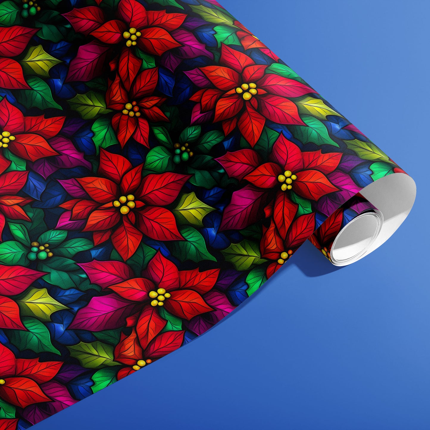 A partially unfurled roll of Bold Blooms showing bold poinsettia flowers with yellow berries and multicolor leaves on black, against a cobalt-blue background.