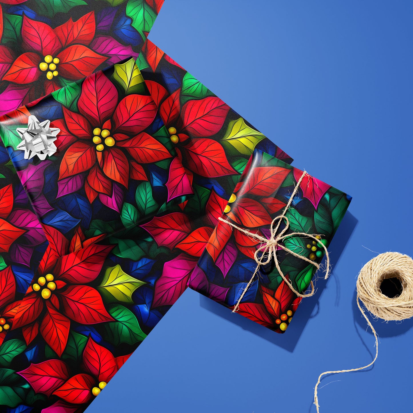 Two gifts in Bold Blooms—one with a silver bow and one tied with twine—rest on two matching sheets beside a twine spool, with vivid poinsettias on black over cobalt blue.