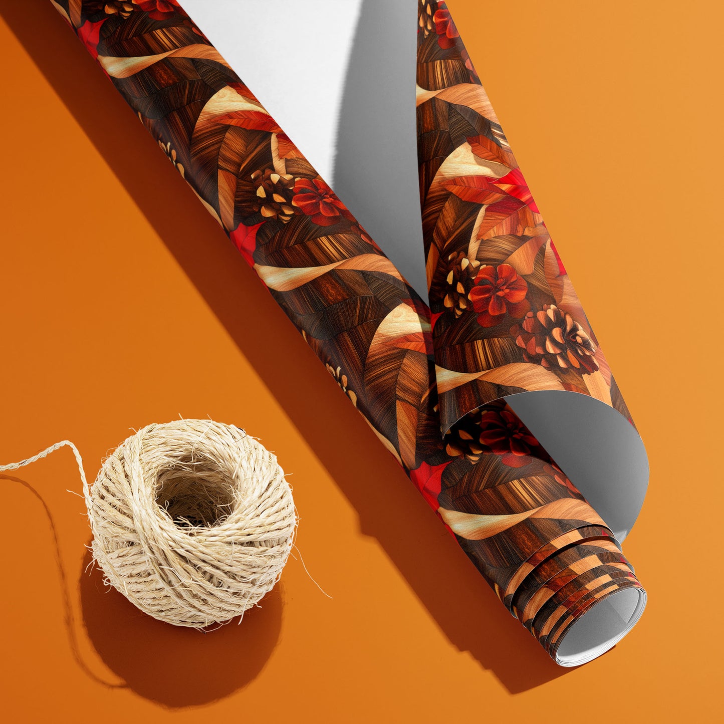 A partially unfurled Cedar & Scarlet roll with its white underside visible beside a spool of natural twine on an orange surface, showing poinsettias, cedar leaves, and pinecones.