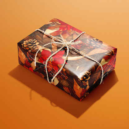A single gift wrapped in Cedar & Scarlet paper and tied with natural twine, the poinsettia-and-pinecone motif glowing against the orange background.