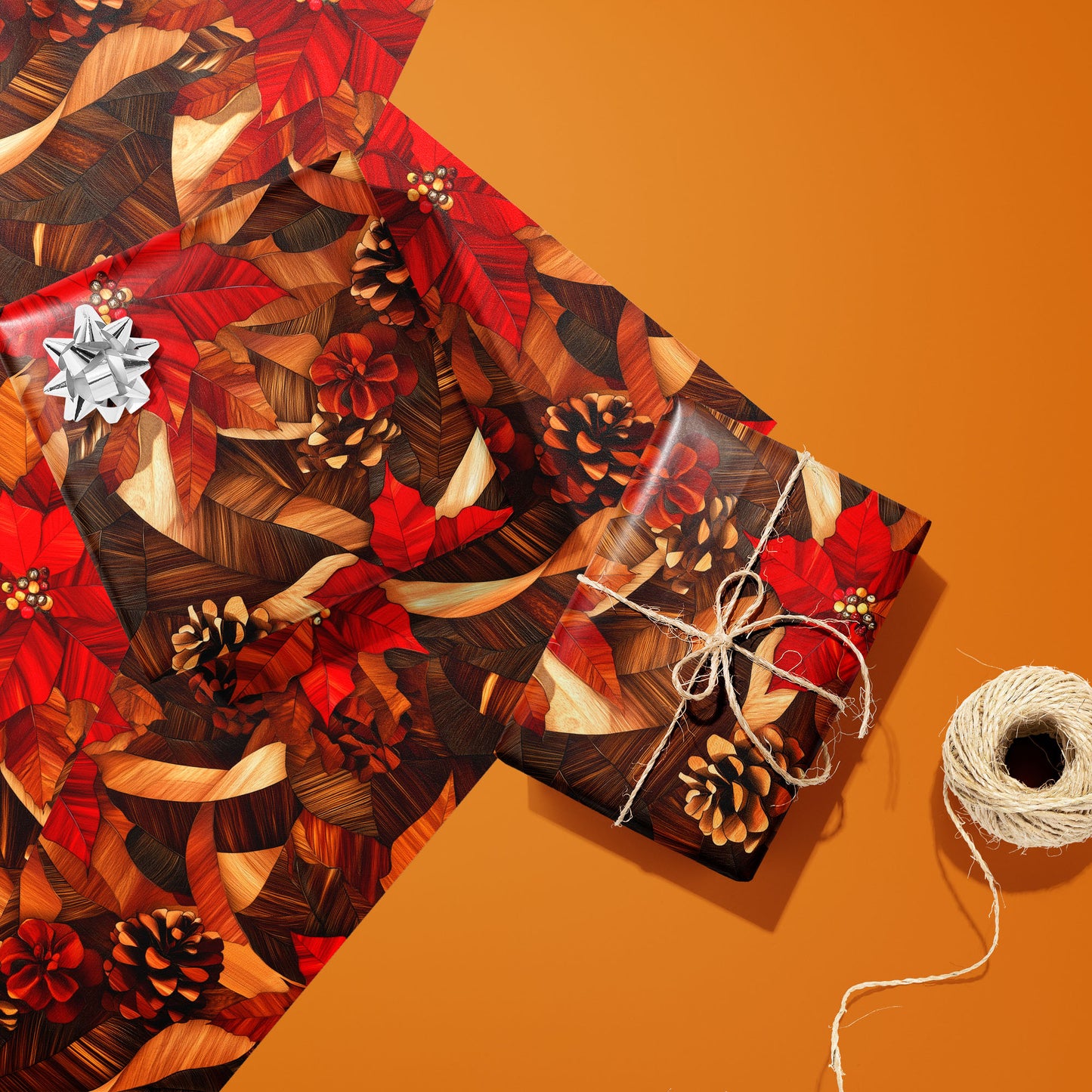 Sheets of Cedar & Scarlet gift wrap with one twine-tied present; a silver bow sits on the paper beside a spool of twine on an orange background, featuring poinsettias and pinecones.