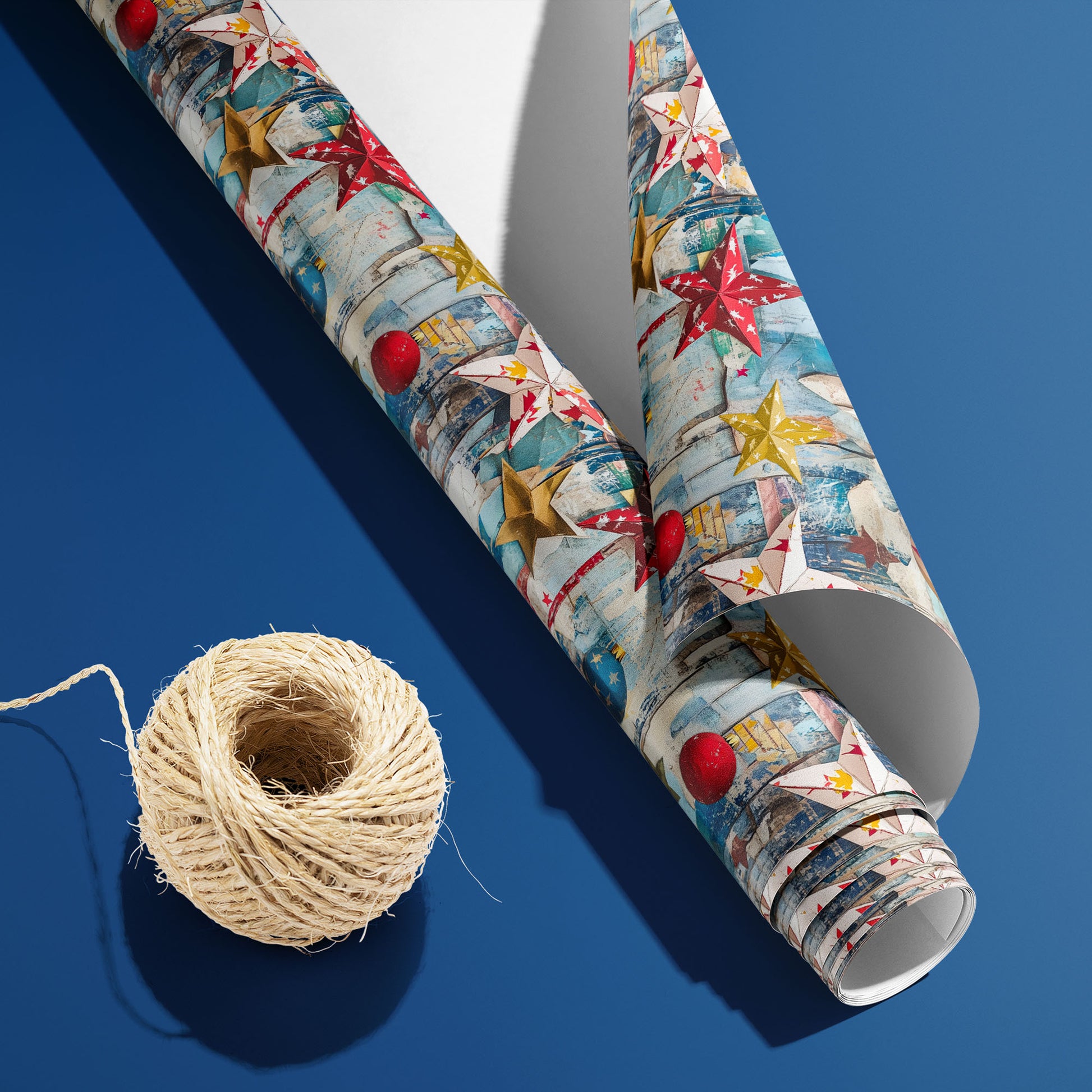 A partially unfurled Weathered Cheer roll with the white underside visible beside a spool of natural twine, featuring distressed stars and ornaments on a deep blue background.