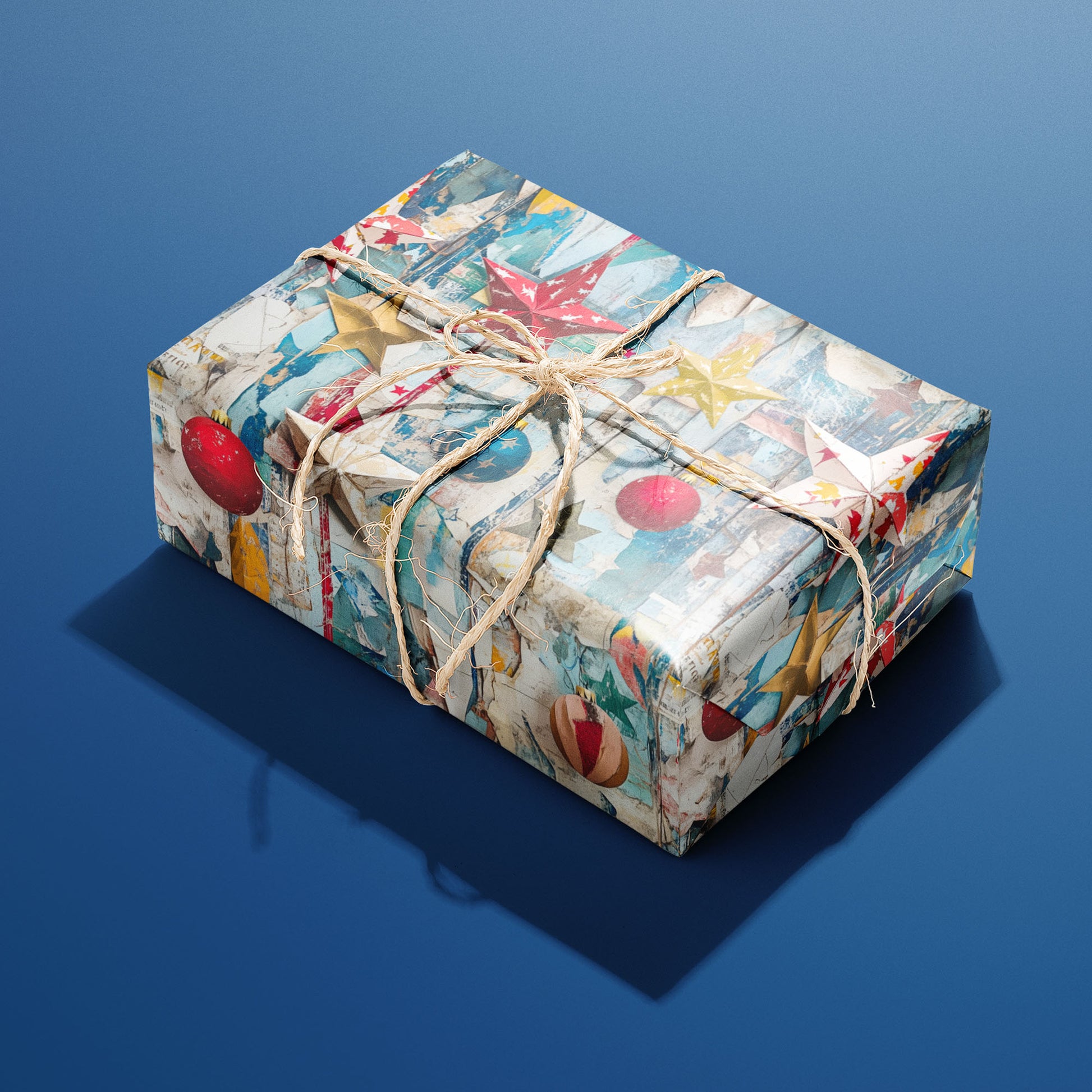 A single rectangular gift wrapped in Weathered Cheer paper—peeling-paint textures, paper stars, and vintage ornaments—tied with natural twine on a deep blue background.
