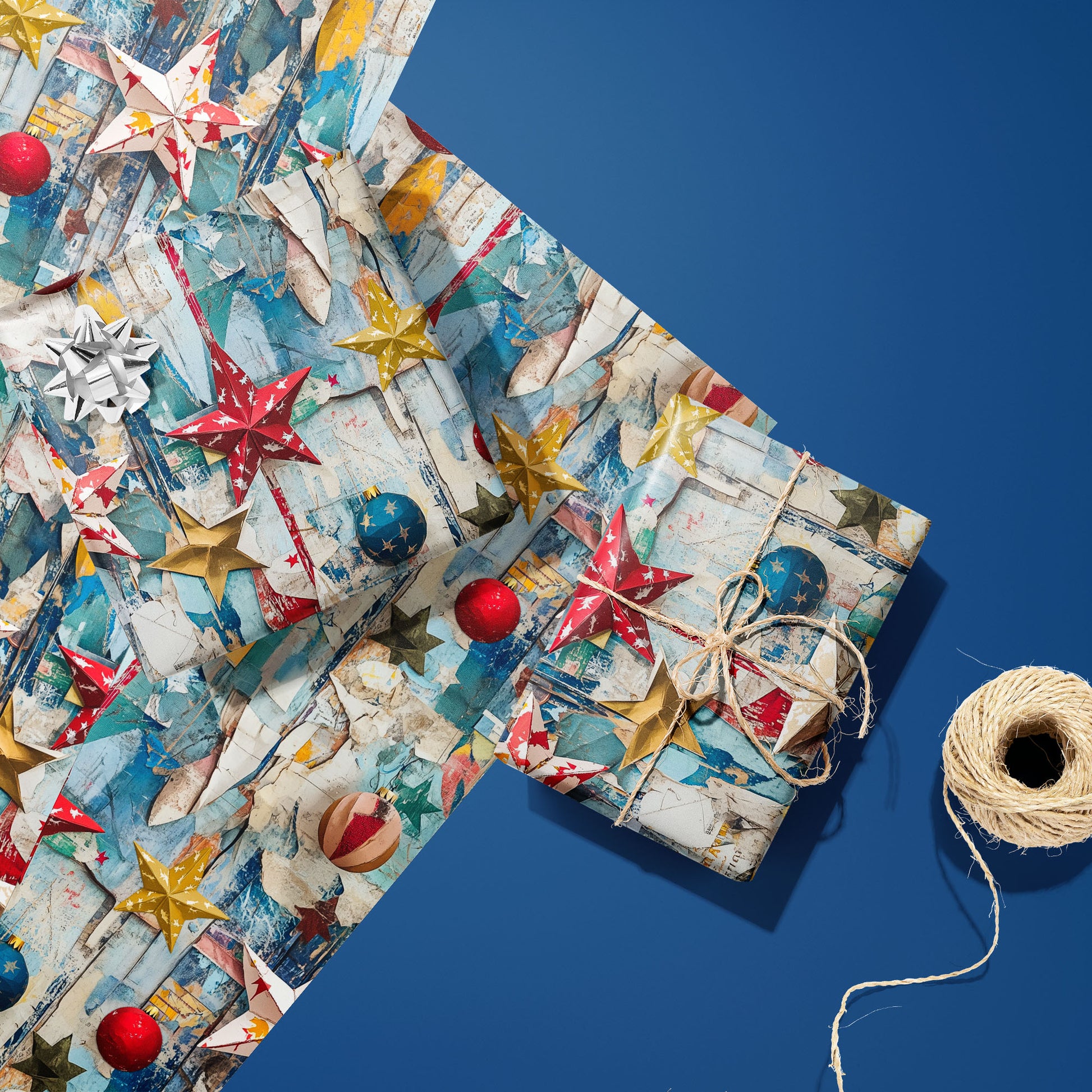 Two gifts in Weathered Cheer—one with a silver bow and one tied with twine—rest on two unused sheets beside a spool of twine on a deep blue background.