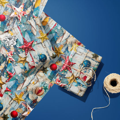Two gifts in Weathered Cheer—one with a silver bow and one tied with twine—rest on two unused sheets beside a spool of twine on a deep blue background.