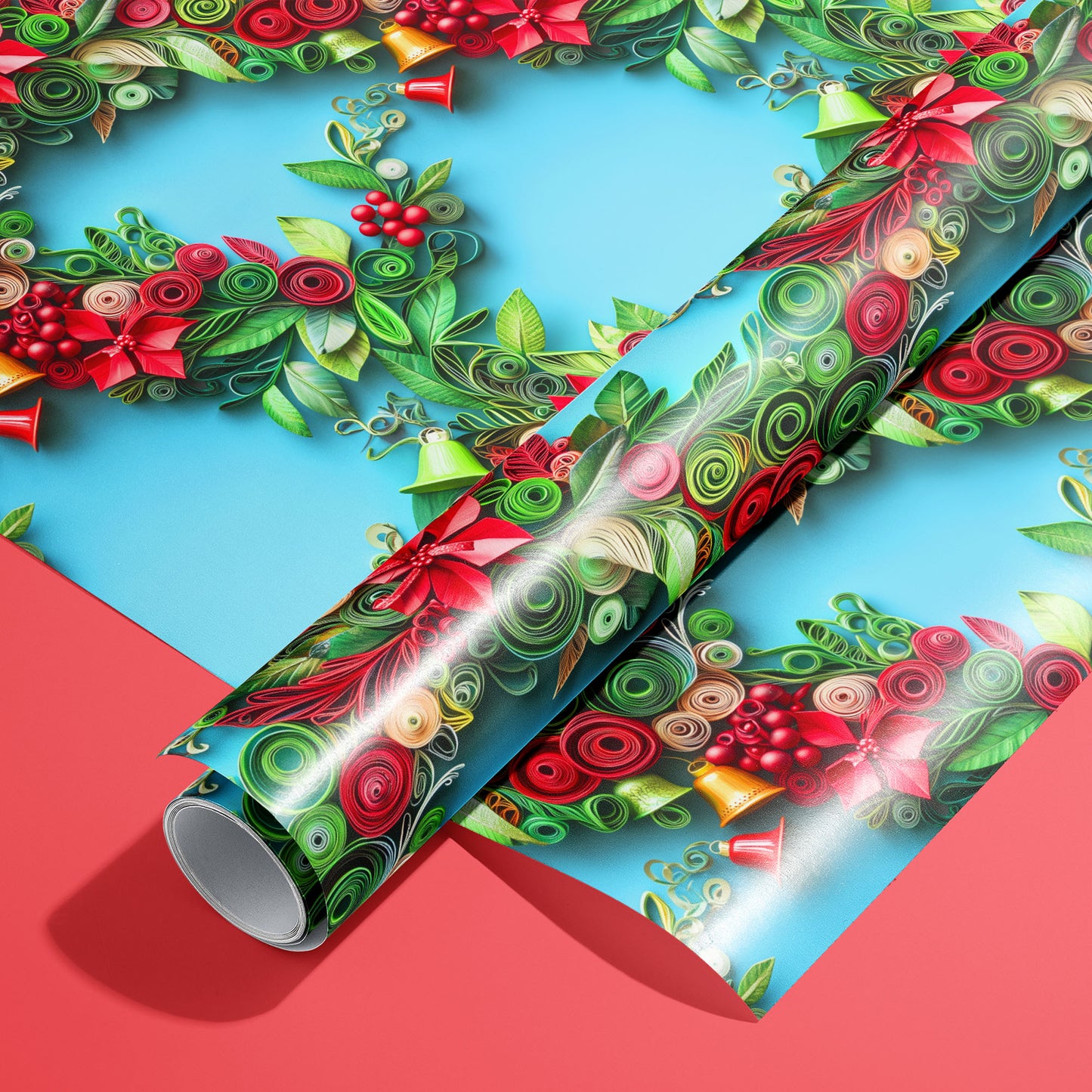 A roll of Yuletide Twirls wrapping paper rests on a matching unrolled sheet, showing quilled wreaths with poinsettias, holly, and bells on a sky-blue ground, on a red surface.