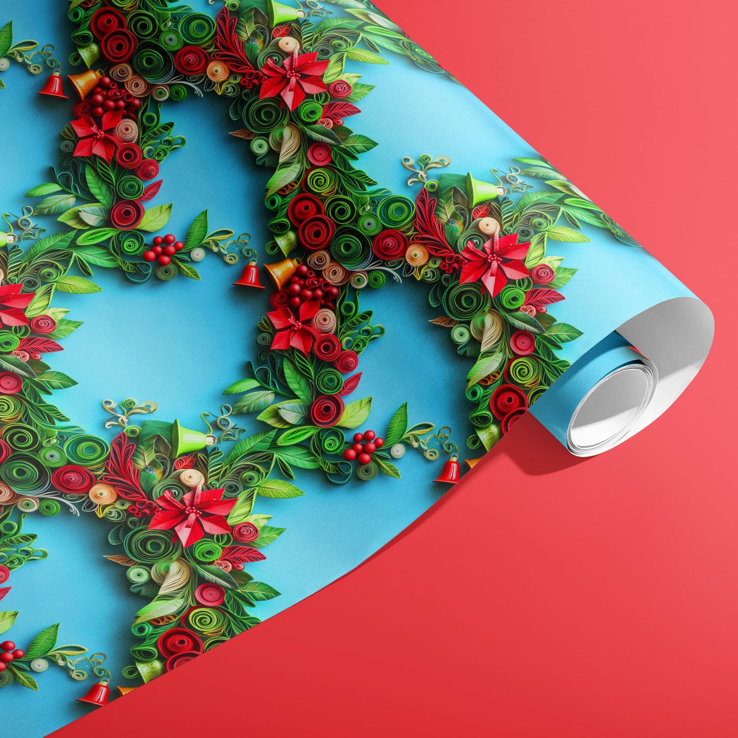 A partially unfurled roll of Yuletide Twirls wrapping paper displays quilled wreath motifs—poinsettias, holly berries, and bells—on a sky-blue field against a red backdrop.