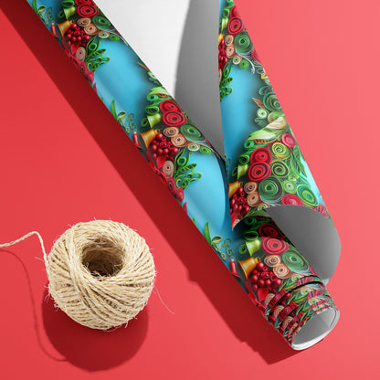 A partially unfurled roll of Yuletide Twirls with the white underside visible sits beside natural twine, revealing quilled wreaths on a sky-blue ground on a red surface.