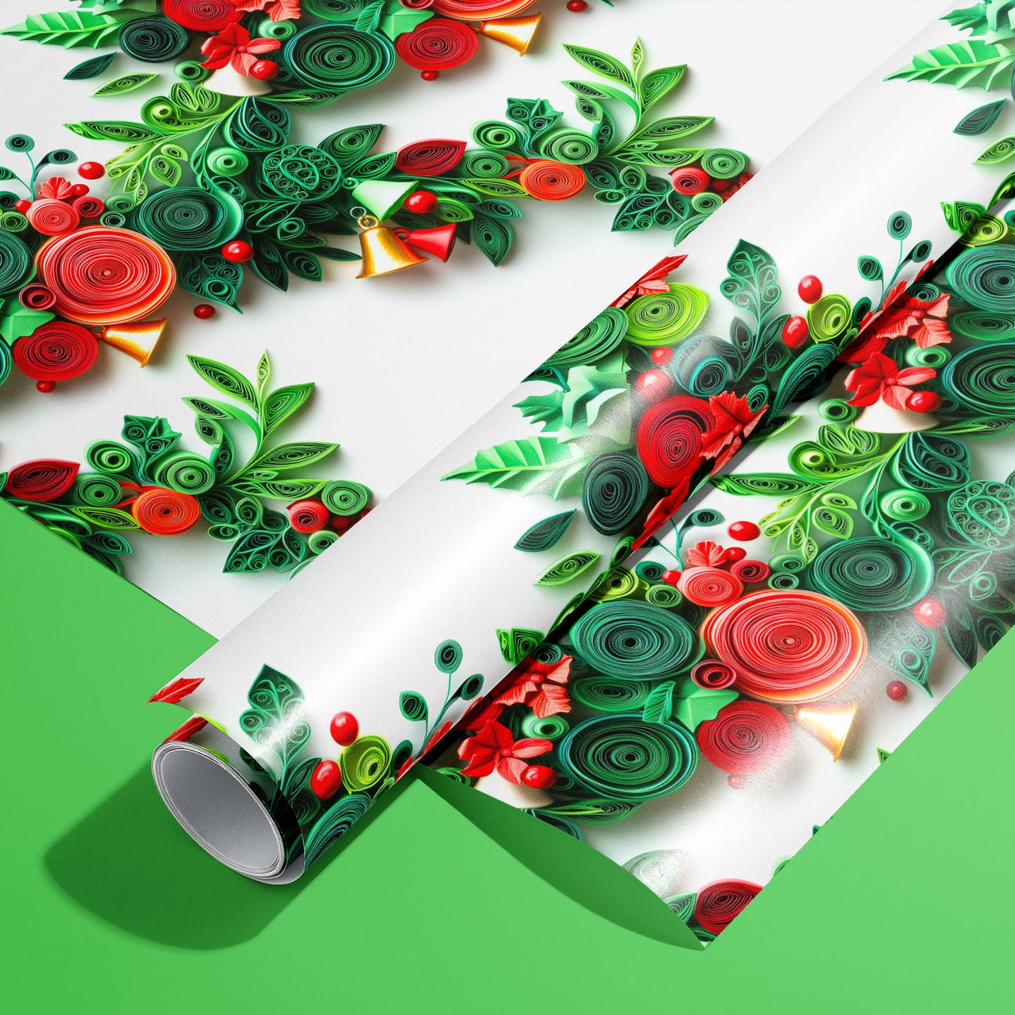 A roll of Festive Quills wrapping paper on an unrolled sheet, featuring quilled paper spirals, holly leaves, poinsettias, berries, and golden bells on white, set on a bright green surface.