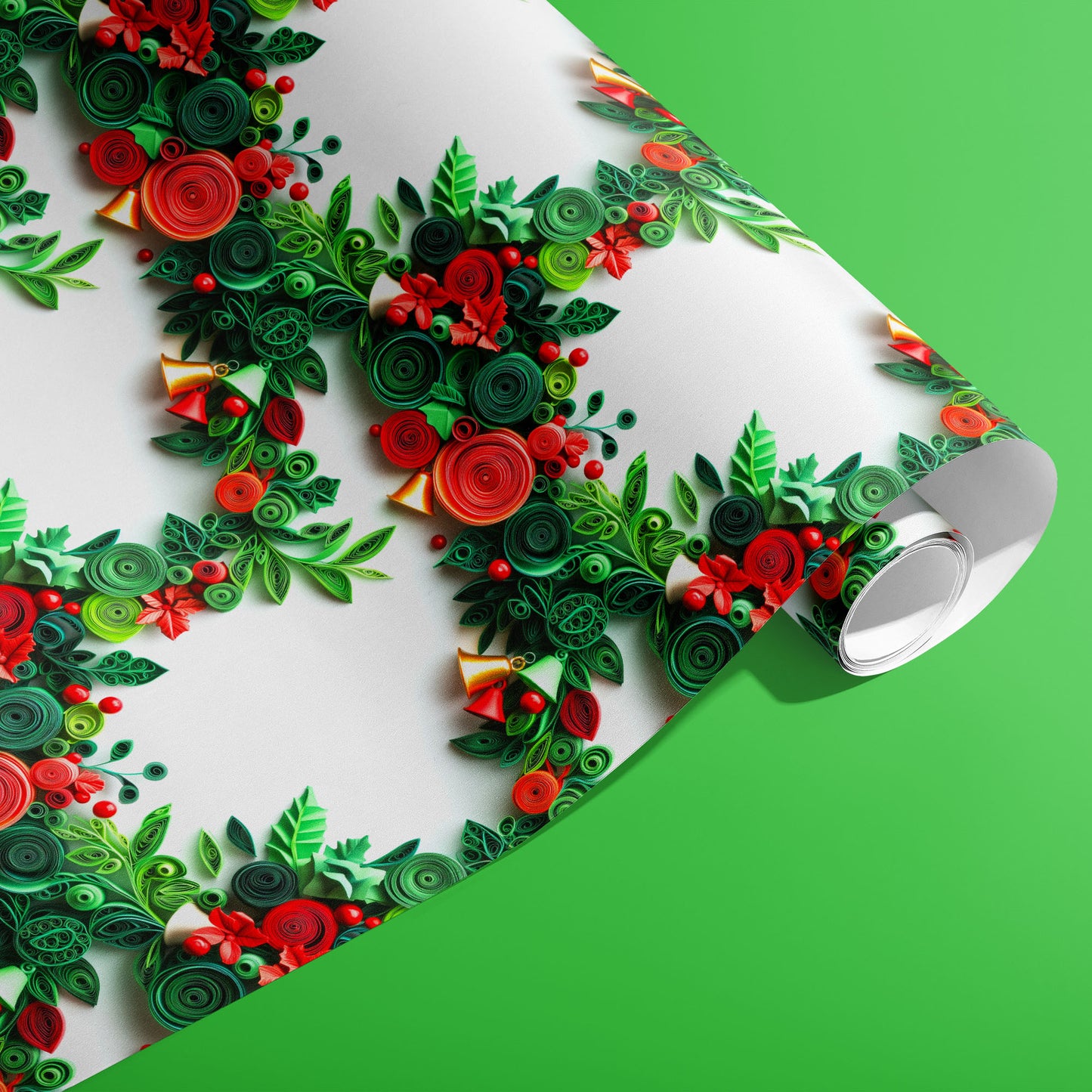 A partially unfurled roll of Festive Quills wrapping paper showing quilled spirals with holly, poinsettias, berries, and tiny bells on white, on a bright green surface.