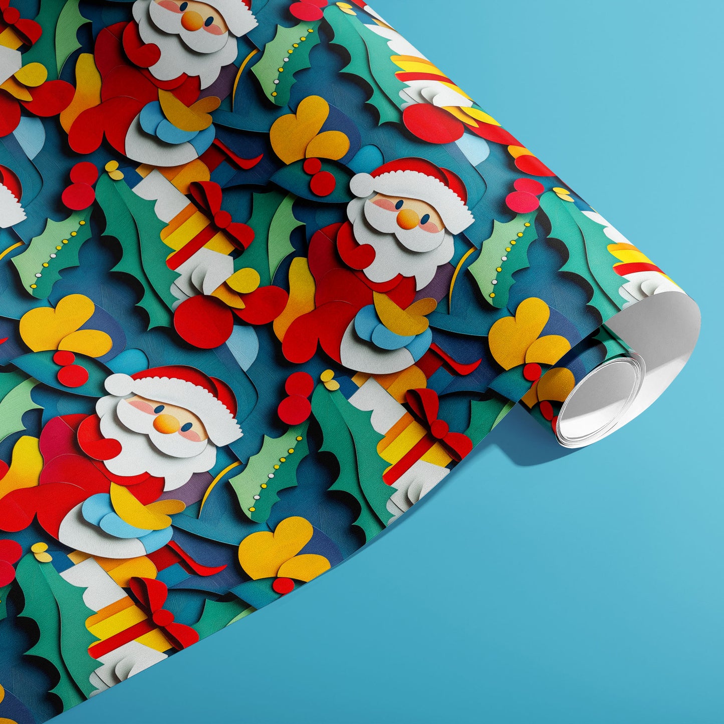 A partially unfurled roll of Santa Pop wrapping paper showing pop-art Santas, holly leaves, and gift motifs on a teal ground, resting on a bright sky blue surface.