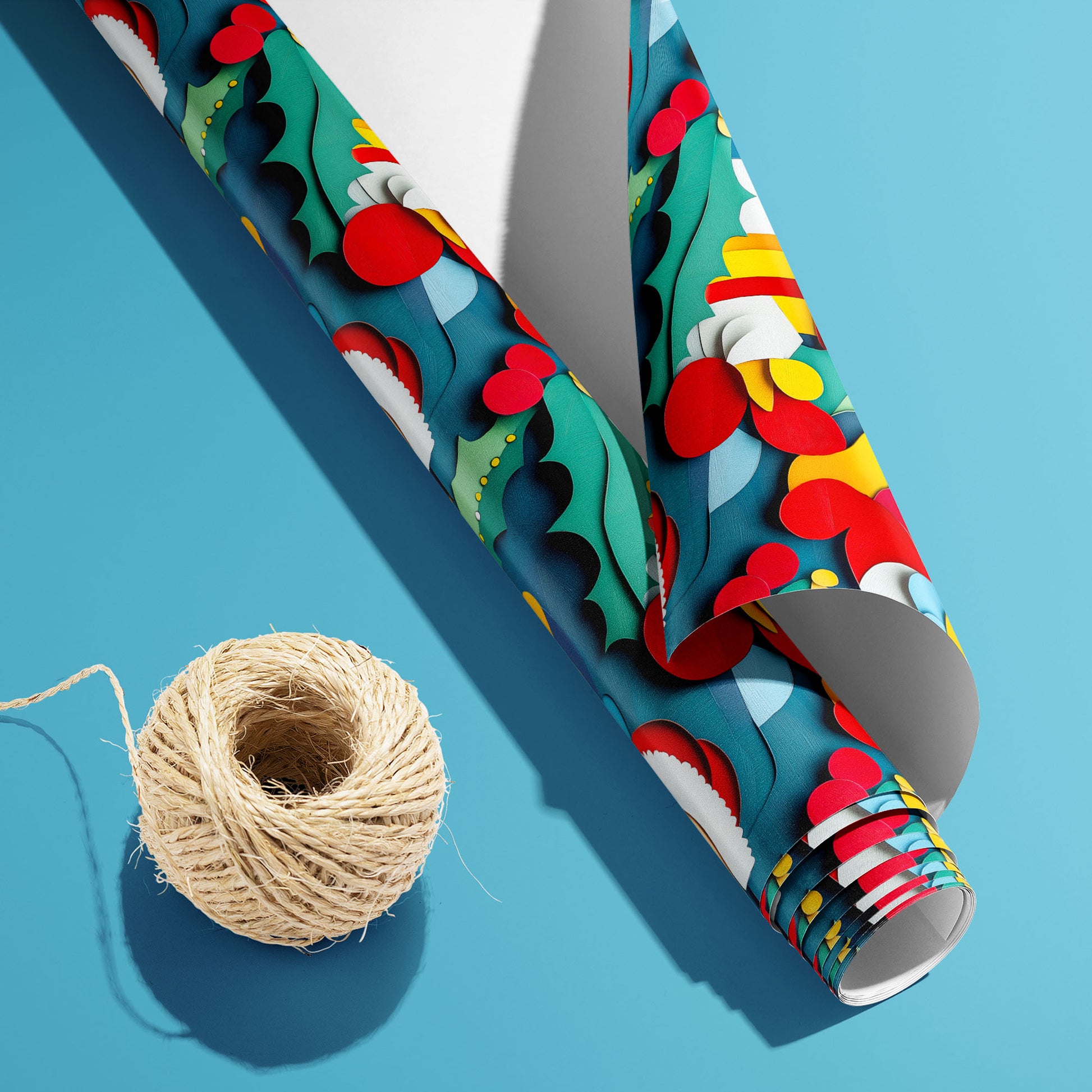 A partially unfurled roll of Santa Pop with its white underside visible beside a spool of natural twine, the colorful Santa and holly pattern on teal over a sky blue surface.