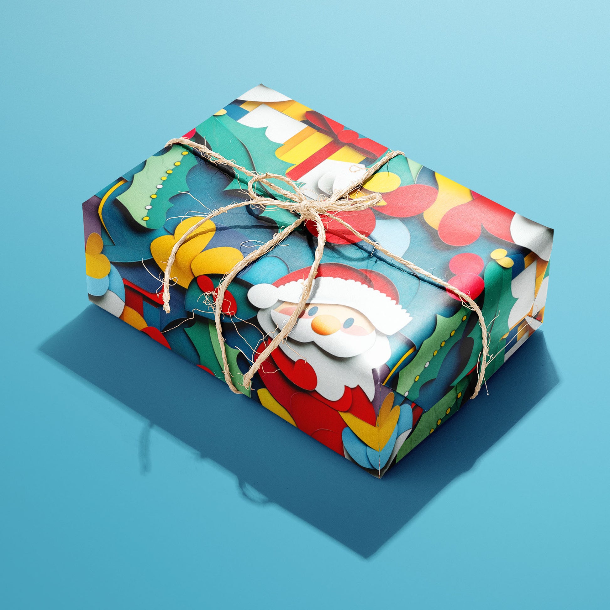 A single gift wrapped in Santa Pop and tied with natural twine, displaying layered paper-cut Santas, holly, and berries on teal, set on a bright sky blue surface.